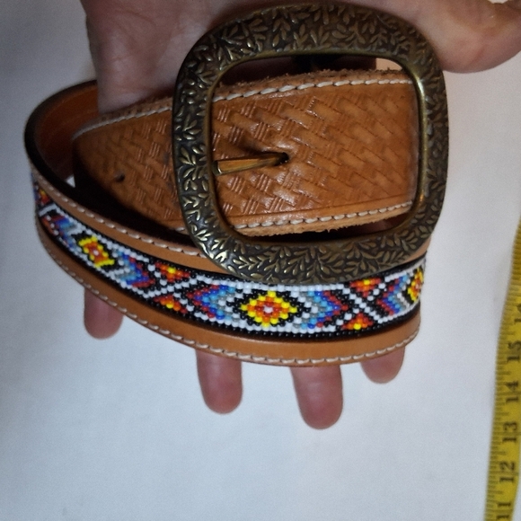 Hand Tooled Beaded Leather Belt with Brass Buckle M main image 11